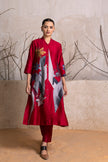 Red Silk Chanderi Printed Front Open Dress (1 PC)