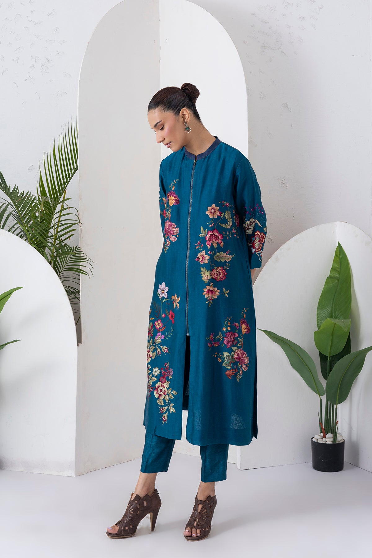 Indigo Silk Chanderi Floral Printed Front-Zip Dress (1 PC)