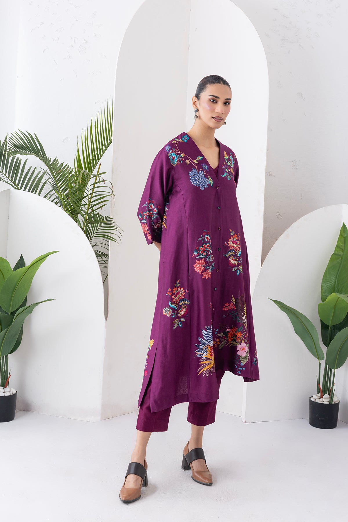 Wine Silk Chanderi Printed High-Low Dress (1 PC)