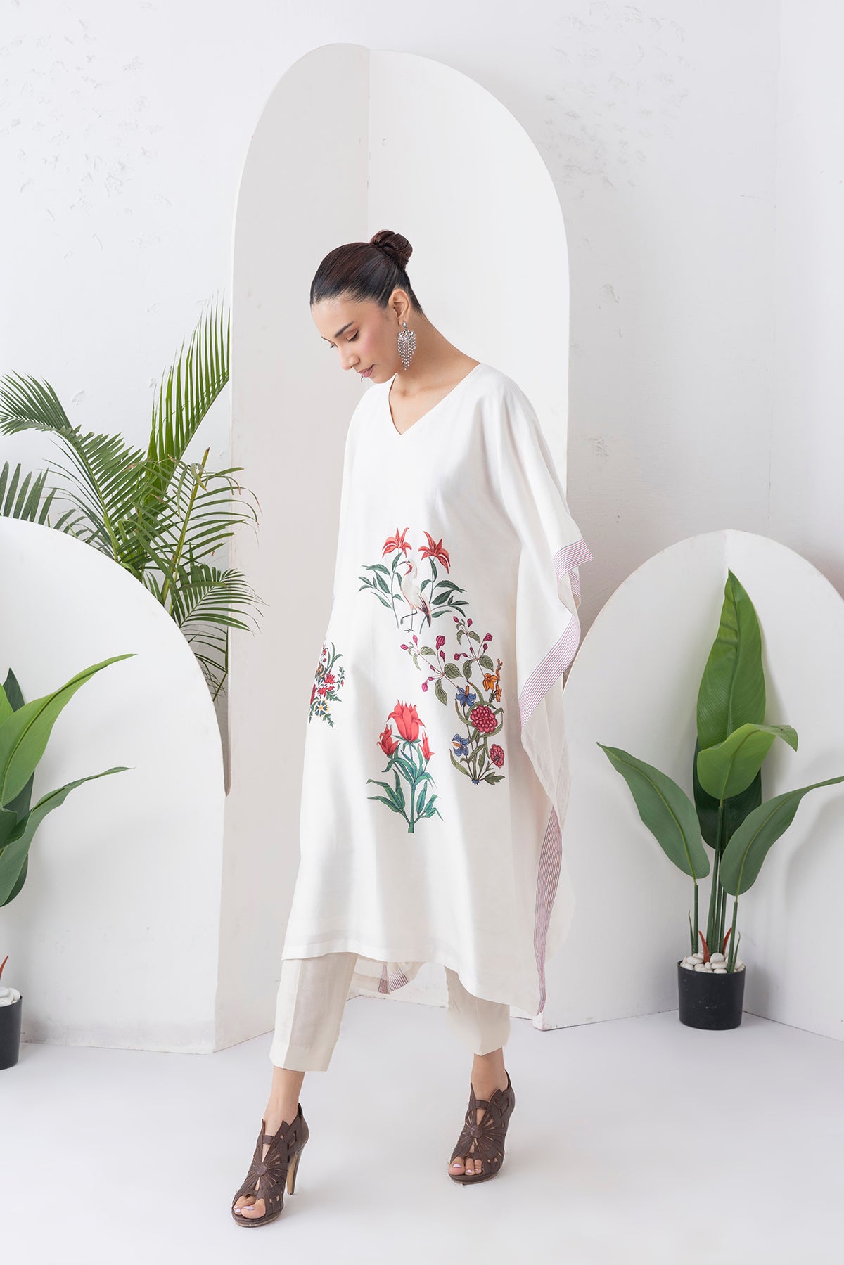 Ivory Silk Chanderi Floral Printed Kaftan (1 PC)