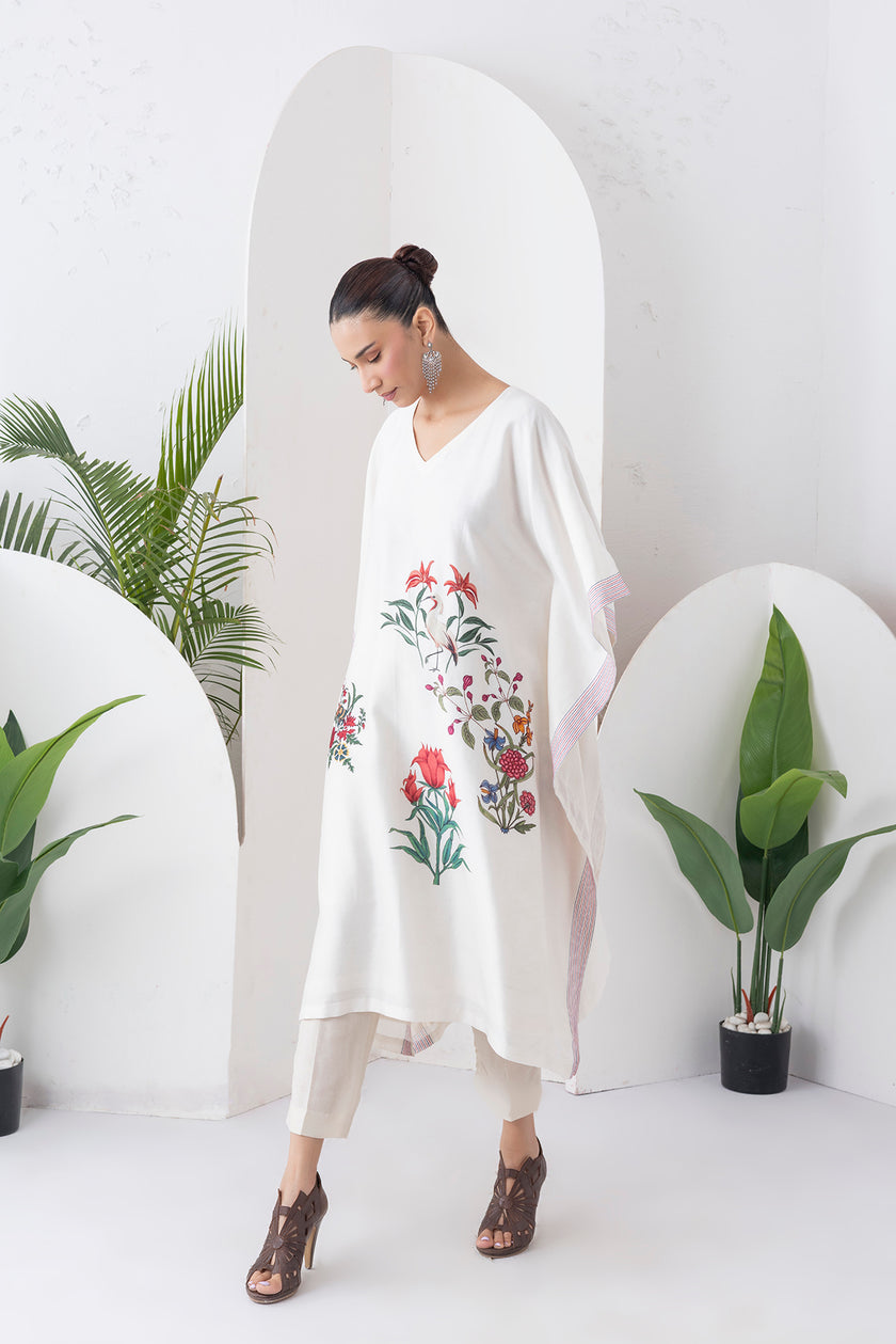 Ivory Silk Chanderi Floral Printed Kaftan (1 PC)
