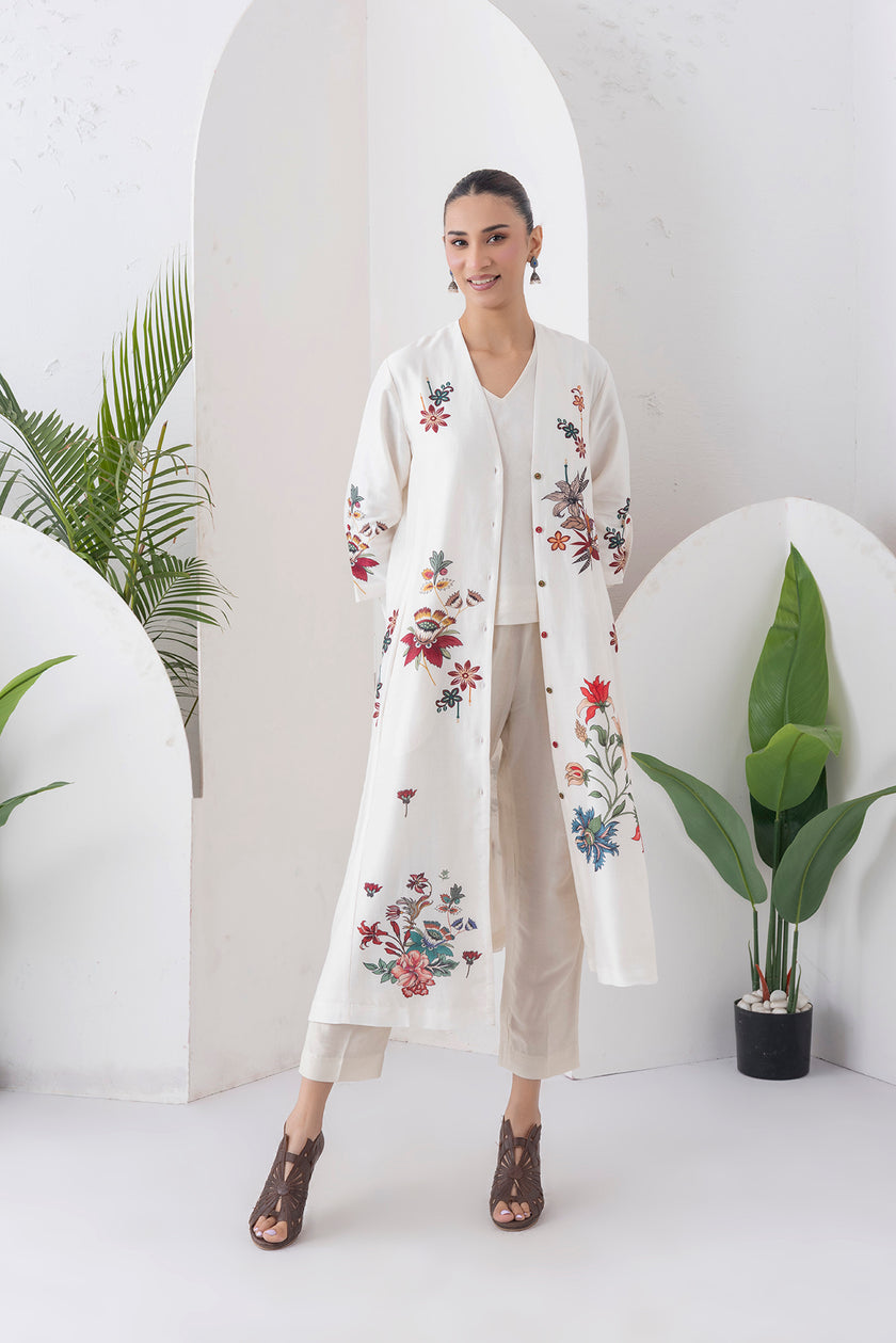 Ivory Silk Chanderi Printed High-Low Dress (1 PC)