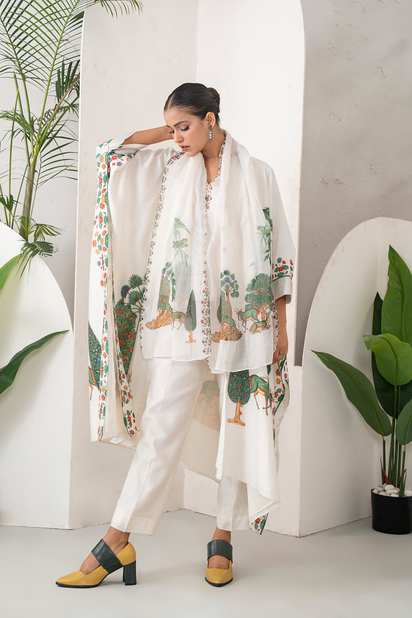 Ivory Silk Chanderi Folk Tale Printed Kaftan (1 PC)