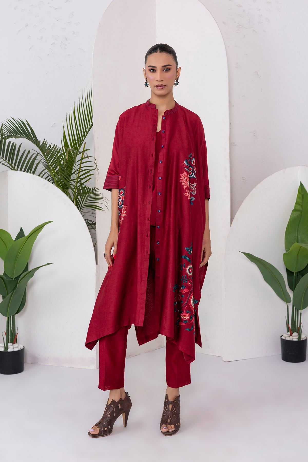 Maroon Silk Chanderi Printed Kaftan Style Dress (1 PC)