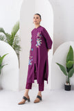 Wine Silk Chanderi Floral Printed Front Open Dress (1 PC)