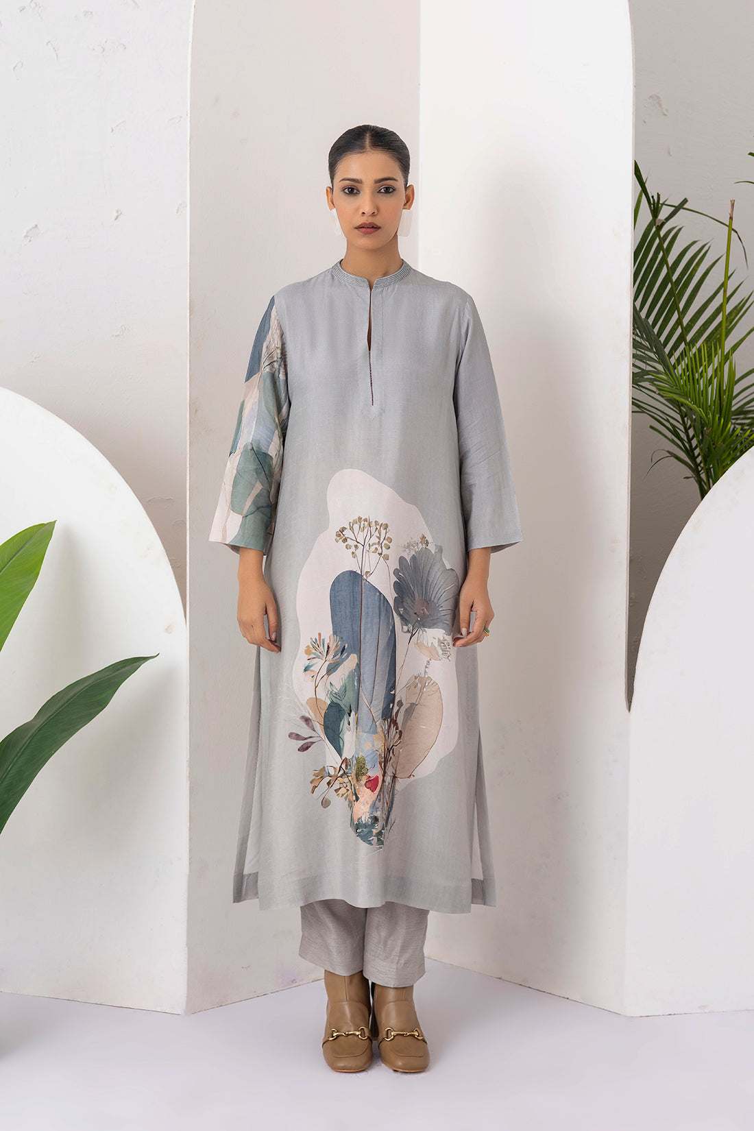 Grey Viscose Dupion Printed Tunic (1 PC)