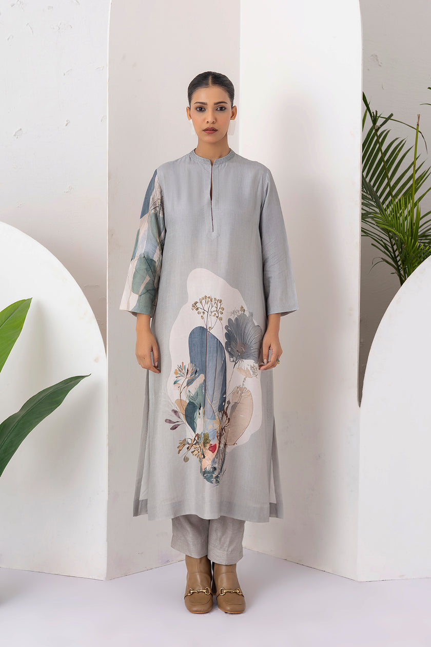 Grey Viscose Dupion Printed Tunic (1 PC)