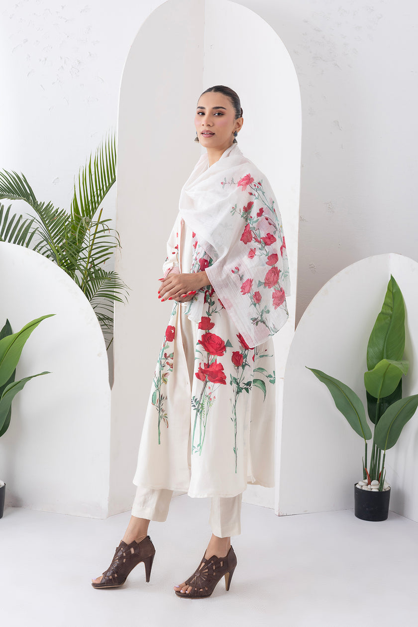 Ivory Silk Chanderi Front Open Printed Dress (1 PC)