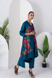 Indigo Silk Chanderi Printed Front Open Floral High-Low Dress (1 PC)