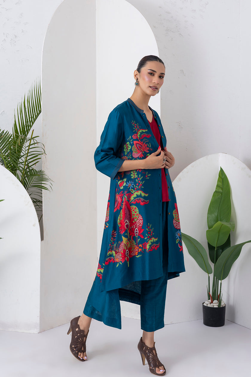 Indigo Silk Chanderi Printed Front Open Floral High-Low Dress (1 PC)