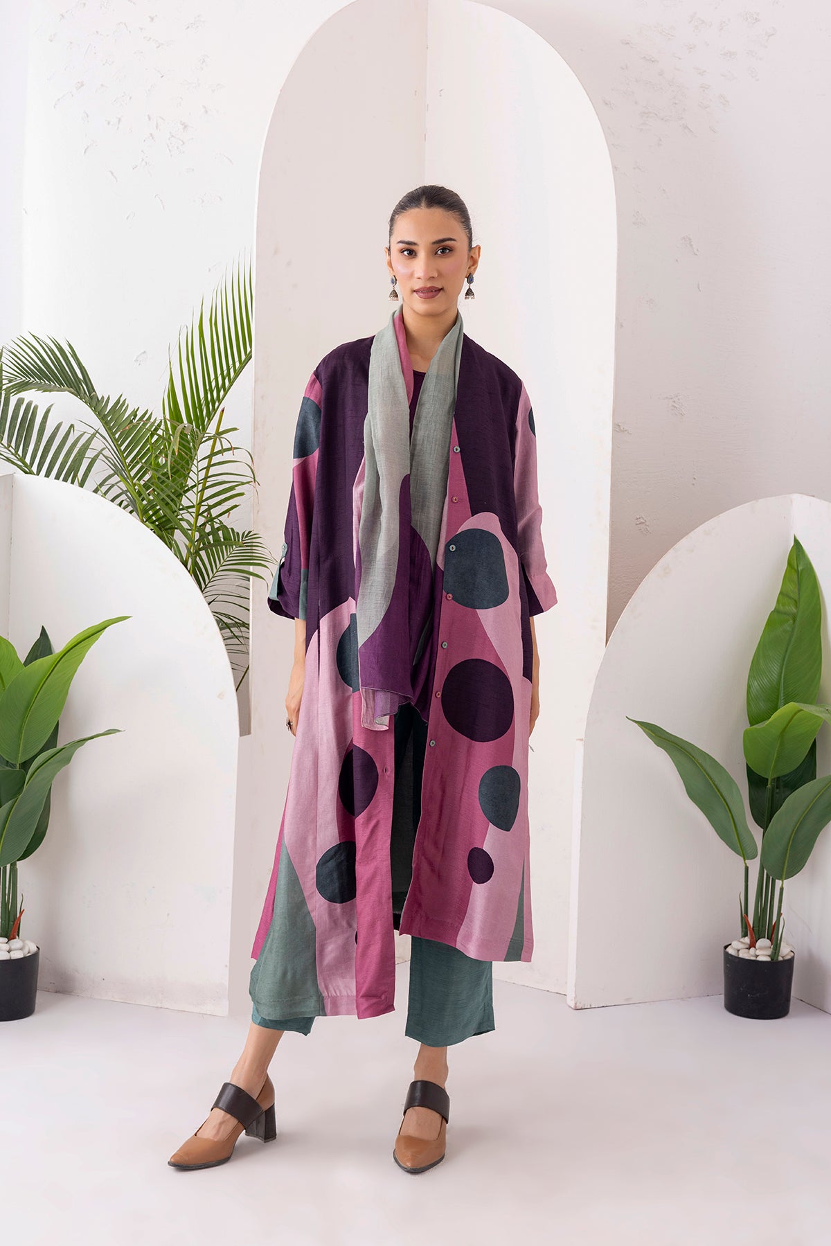 Salmon Pink & Wine Viscose Dupion Printed Dress (1 PC)