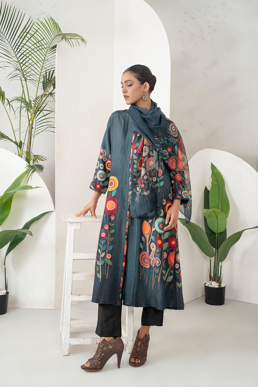Charcoal Thin Chanderi Striking Floral Illustration Printed Stole (1 PC)