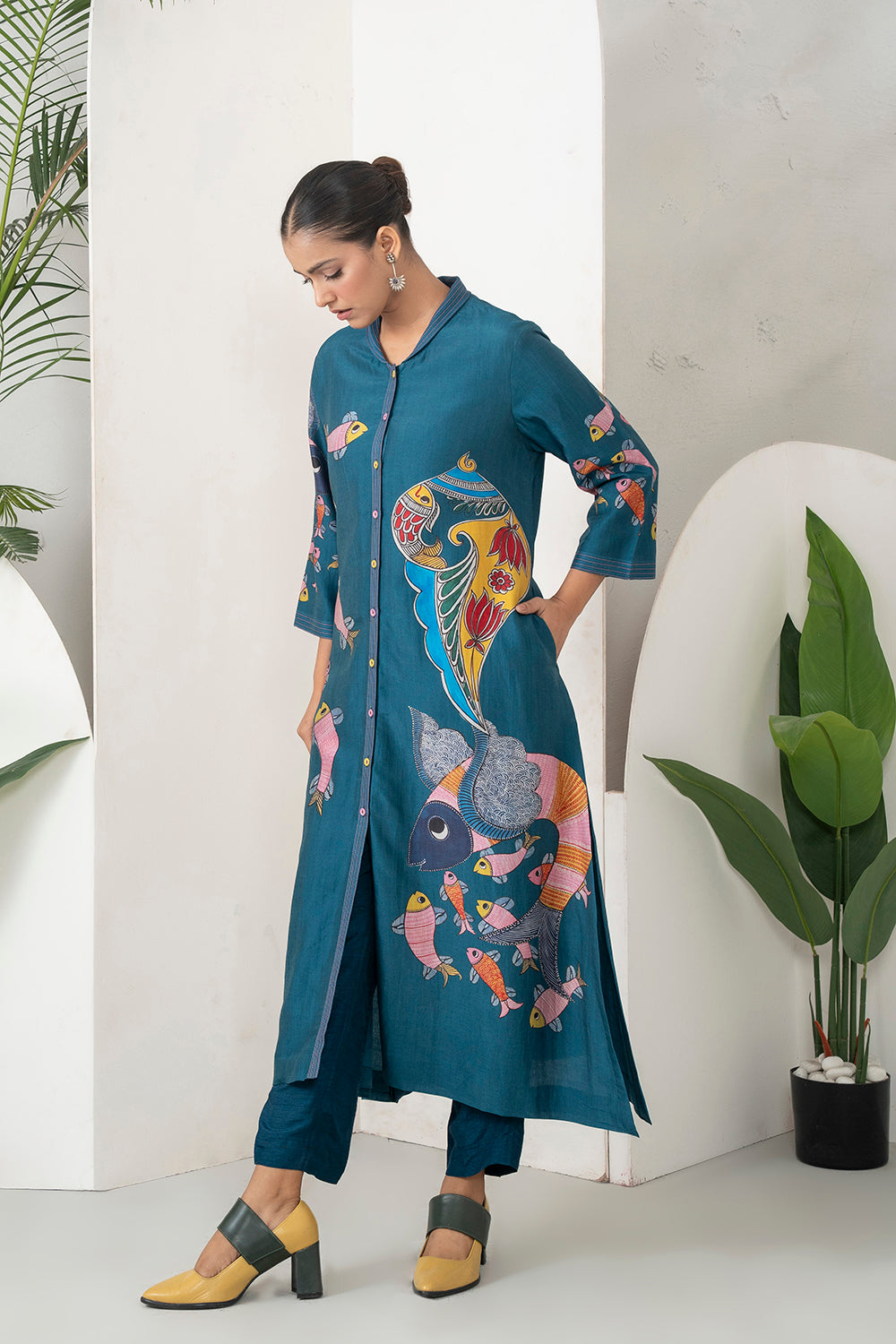 Indigo Silk Chanderi Playful Aquatic Motif Printed Dress (1 PC)
