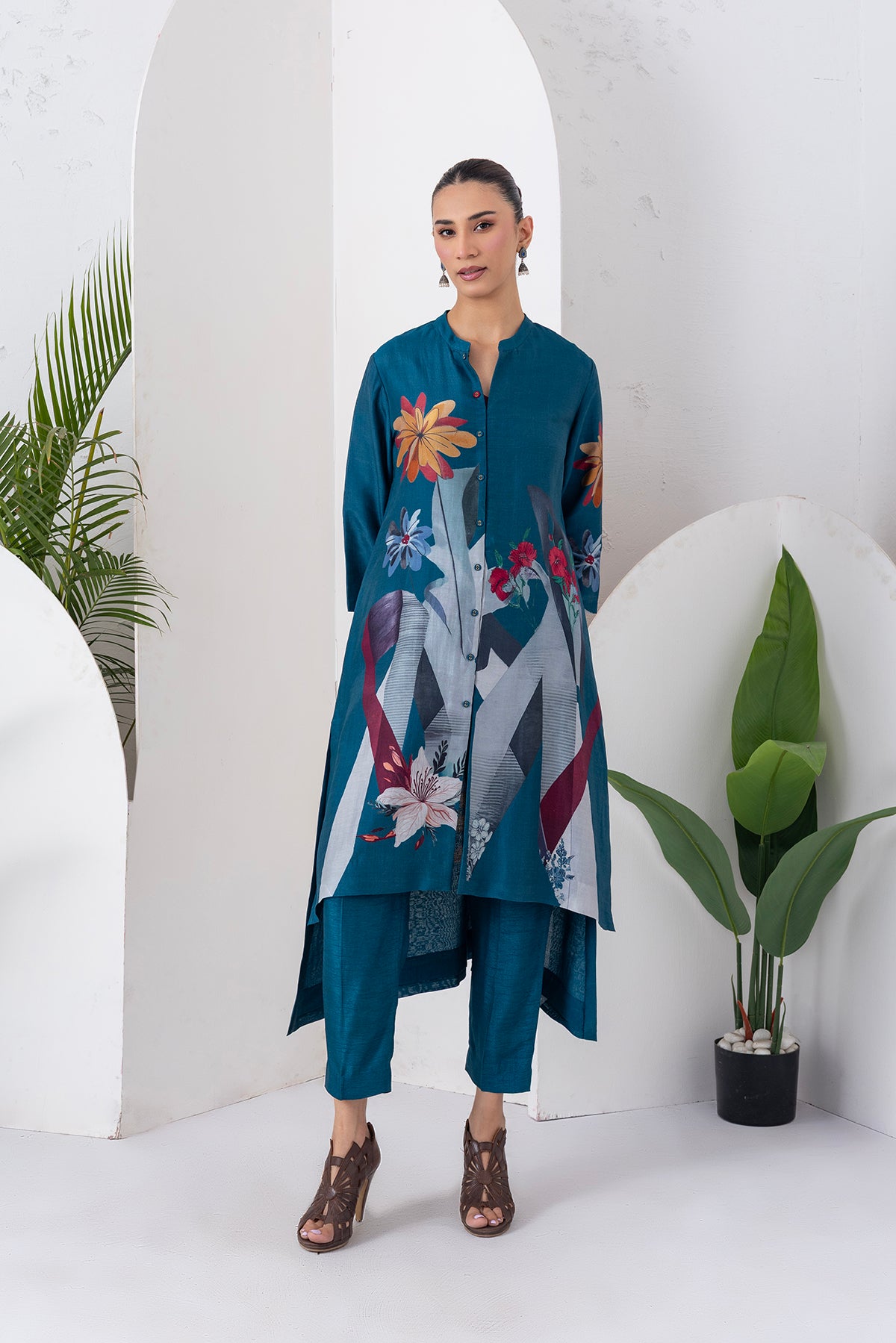 Indigo Silk Chanderi Printed High-Low Dress (1 PC)