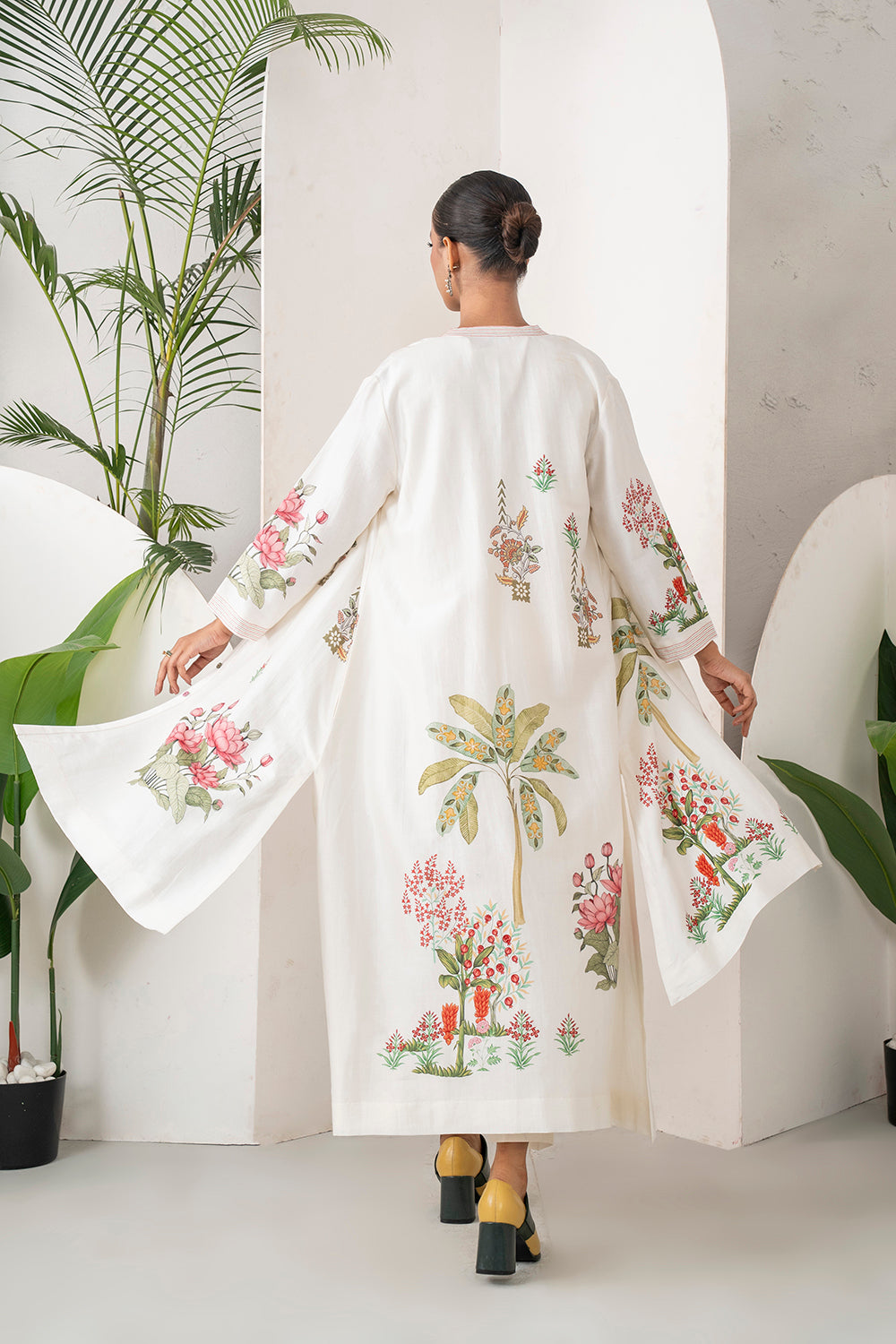 Ivory Silk Chanderi Miniature Art Printed High-Low Dress (1 PC)