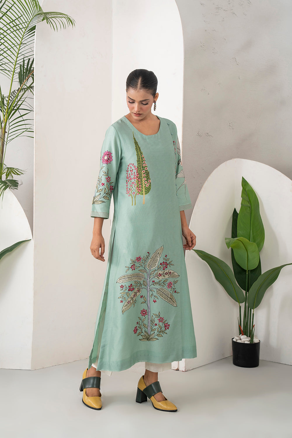 Mint Silk Chanderi Miniature Painting Inspired Printed Dress (1 PC)