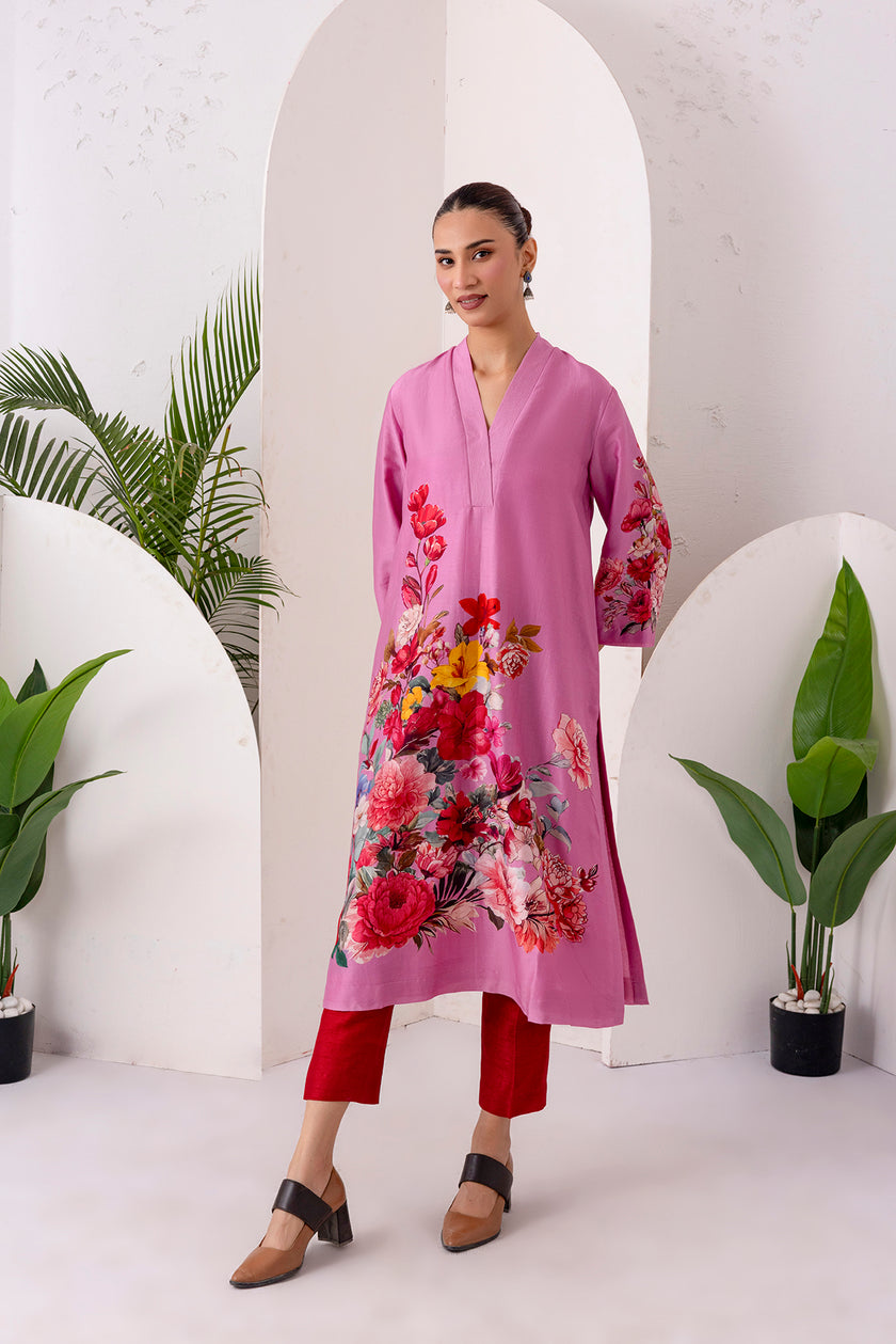 Salmon Pink Silk Chanderi Printed Tunic (1 PC)