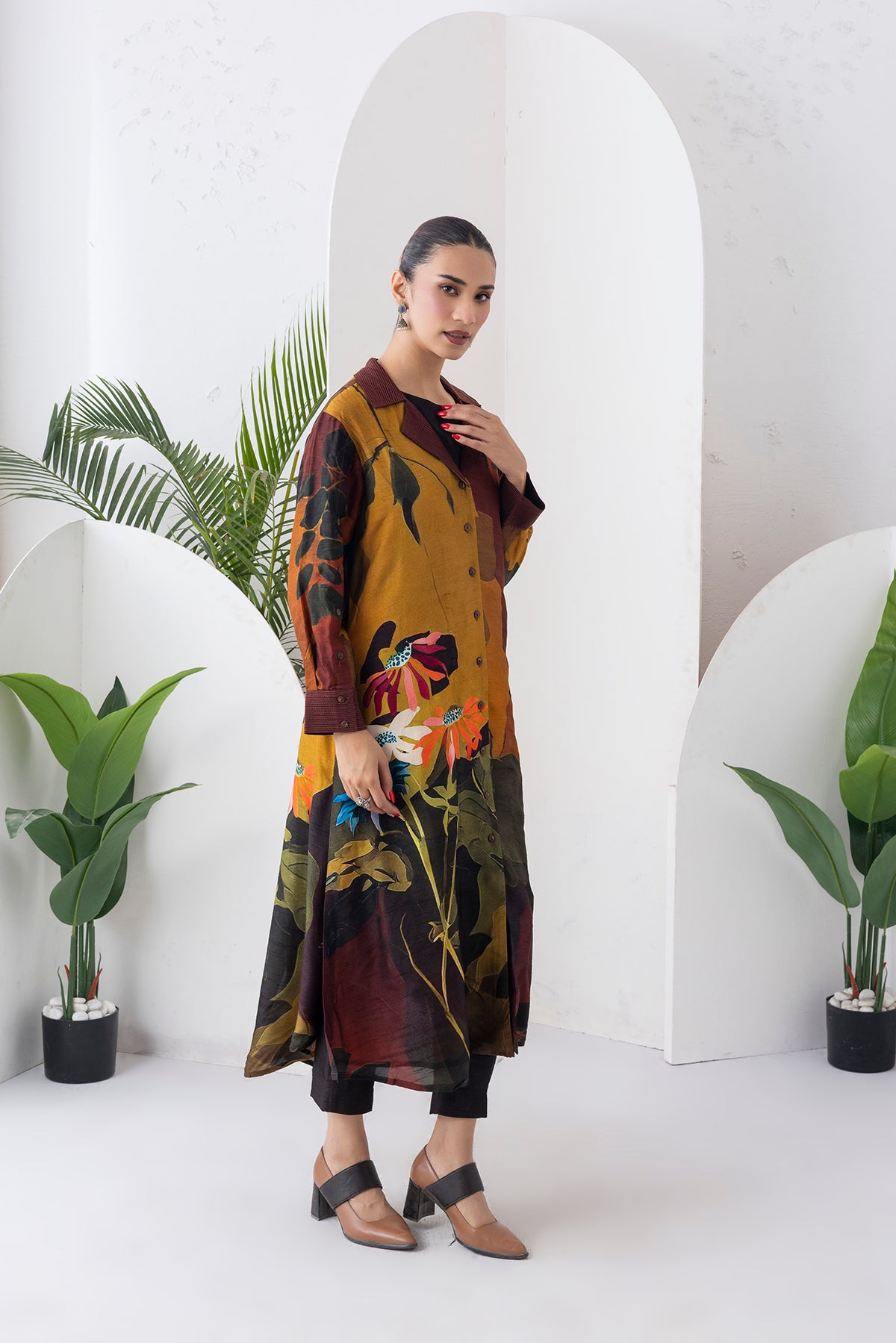 Mustard & Brown Viscose Dupion Printed Front Open Dress (1 PC)