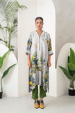 Grey Silk Chanderi Painterly Landscape Printed Zippered Dress (1 PC)