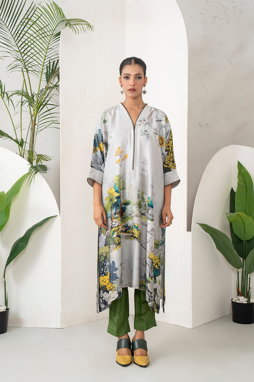 Grey Silk Chanderi Painterly Landscape Printed Zippered Dress (1 PC)
