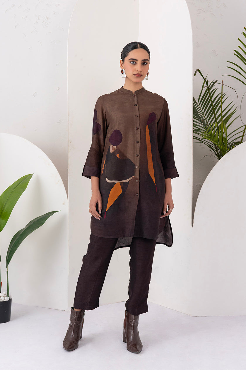 Shades Of Brown Viscose Dupion Printed Shirt Style Tunic (1 PC)