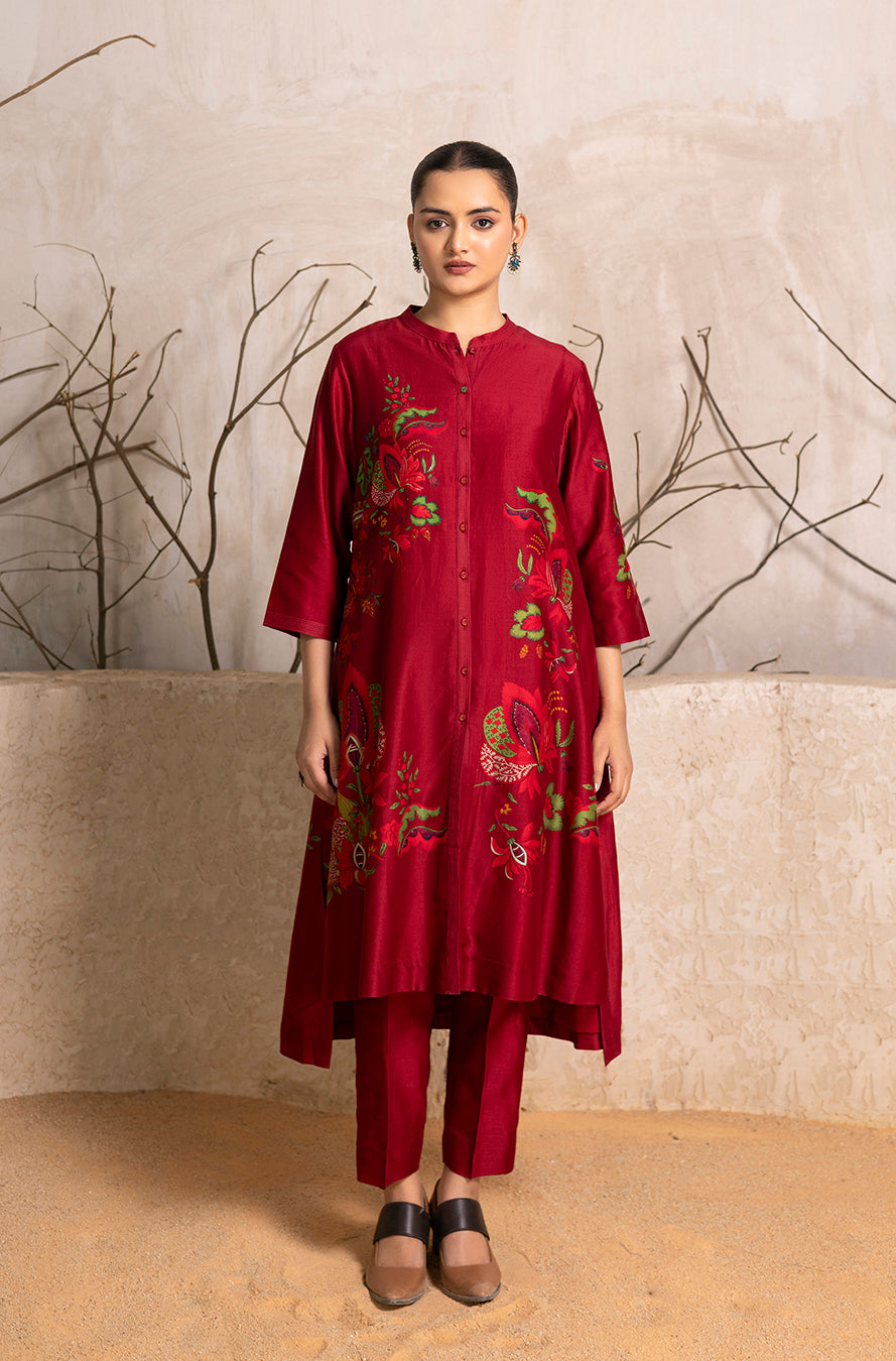 Red Silk Chanderi Printed Front Open Floral Dress (1 PC)