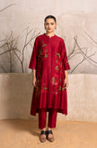 Red Silk Chanderi Printed Front Open Floral Dress (1 PC)