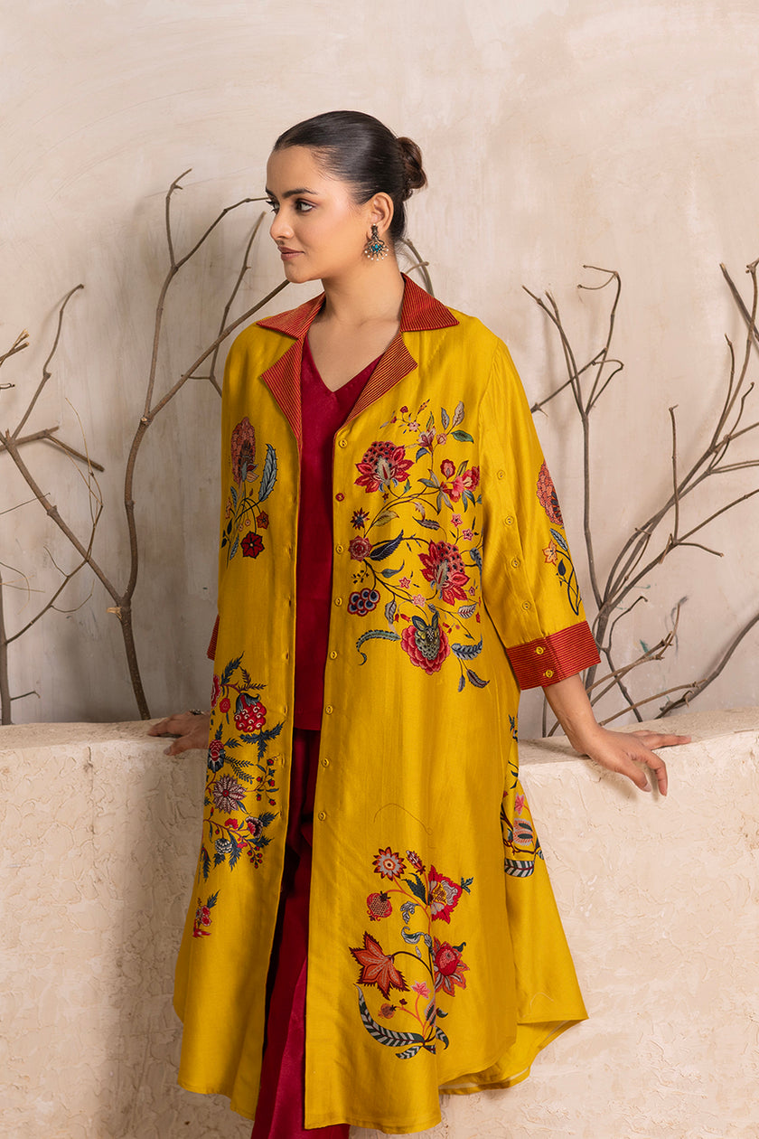 Yellow Silk Chanderi Chintz Printed Front Open Dress (1 PC)
