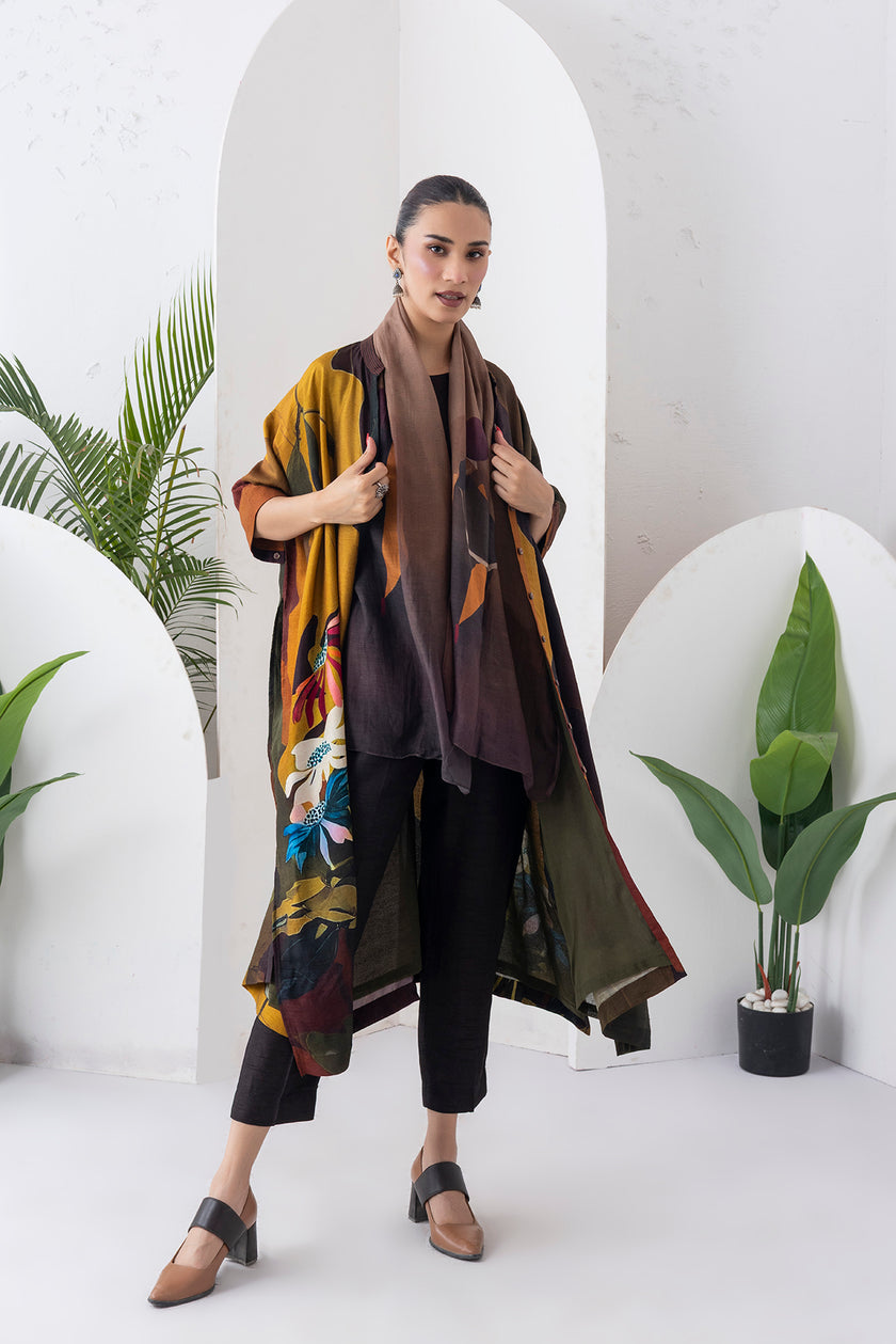 Mustard & Brown Viscose Dupion Printed Kaftan Style Dress (1 PC)