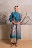 Denim Blue & Grey Shaded Silk Chanderi Printed Tunic (1 PC)