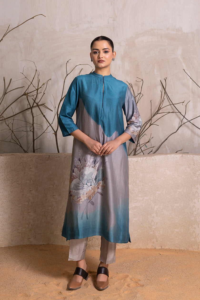 Denim Blue & Grey Shaded Silk Chanderi Printed Tunic (1 PC)