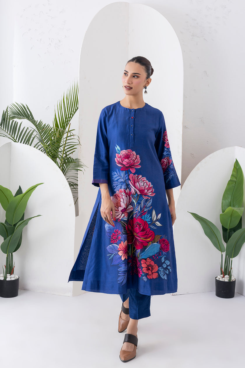 Cobalt Blue Silk Chanderi Printed Tunic (1 PC)