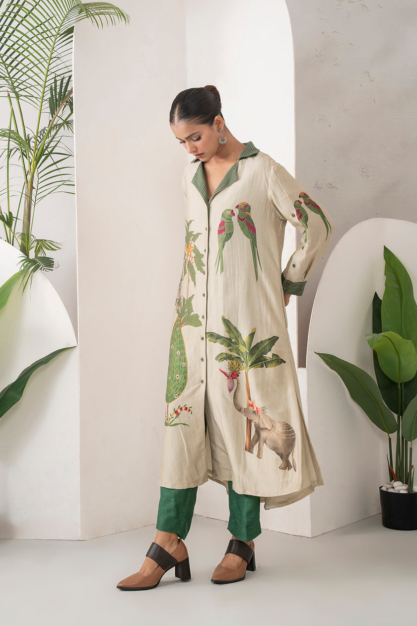 Beige Silk Chanderi Nature-Inspired Printed Dress (1 PC)