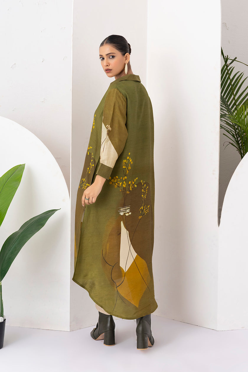 Moss Green Shaded Viscose Dupion Printed Dress (1 PC)