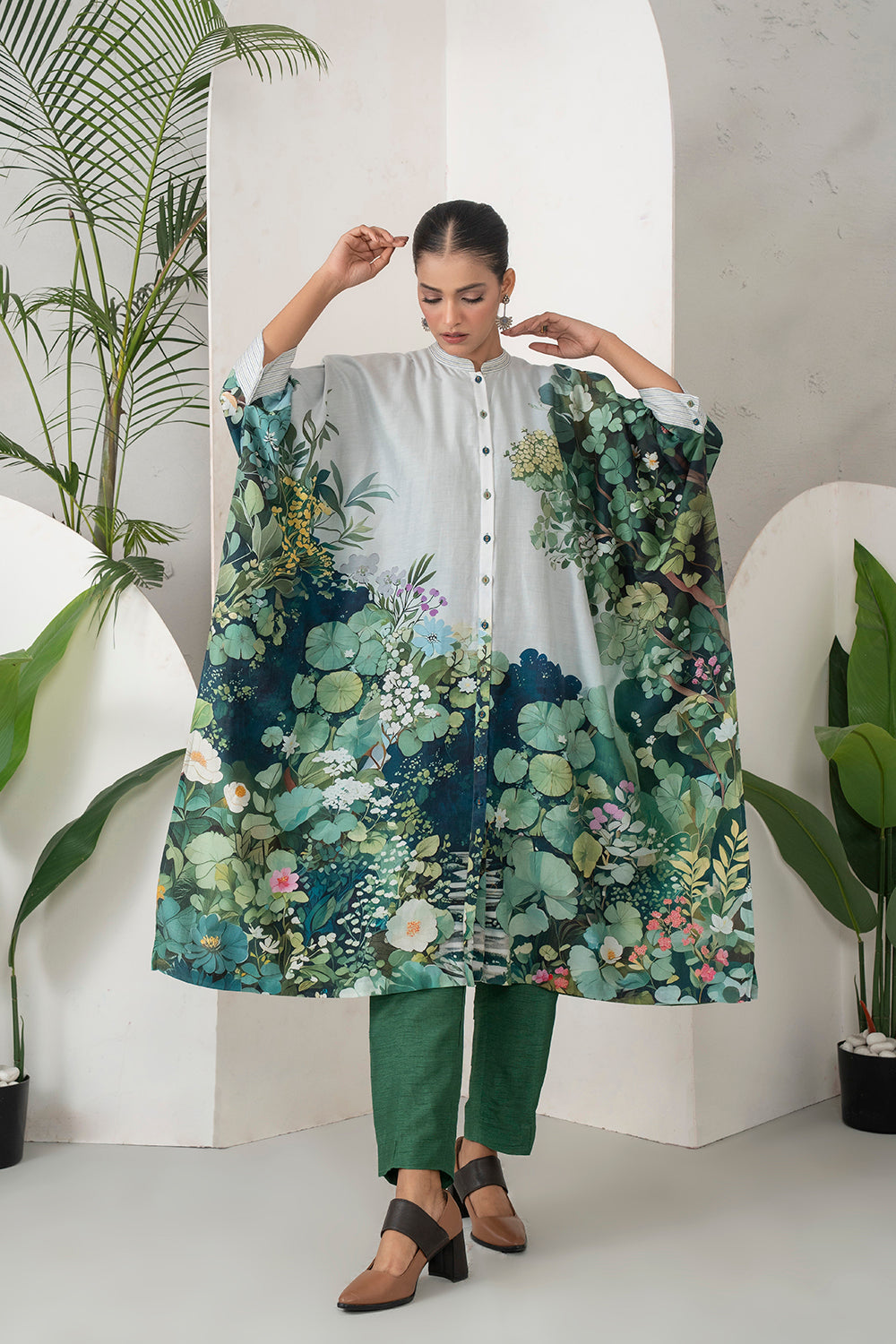 Ivory Silk Chanderi Vivid Garden Illustration Printed Kaftan (1 PC)