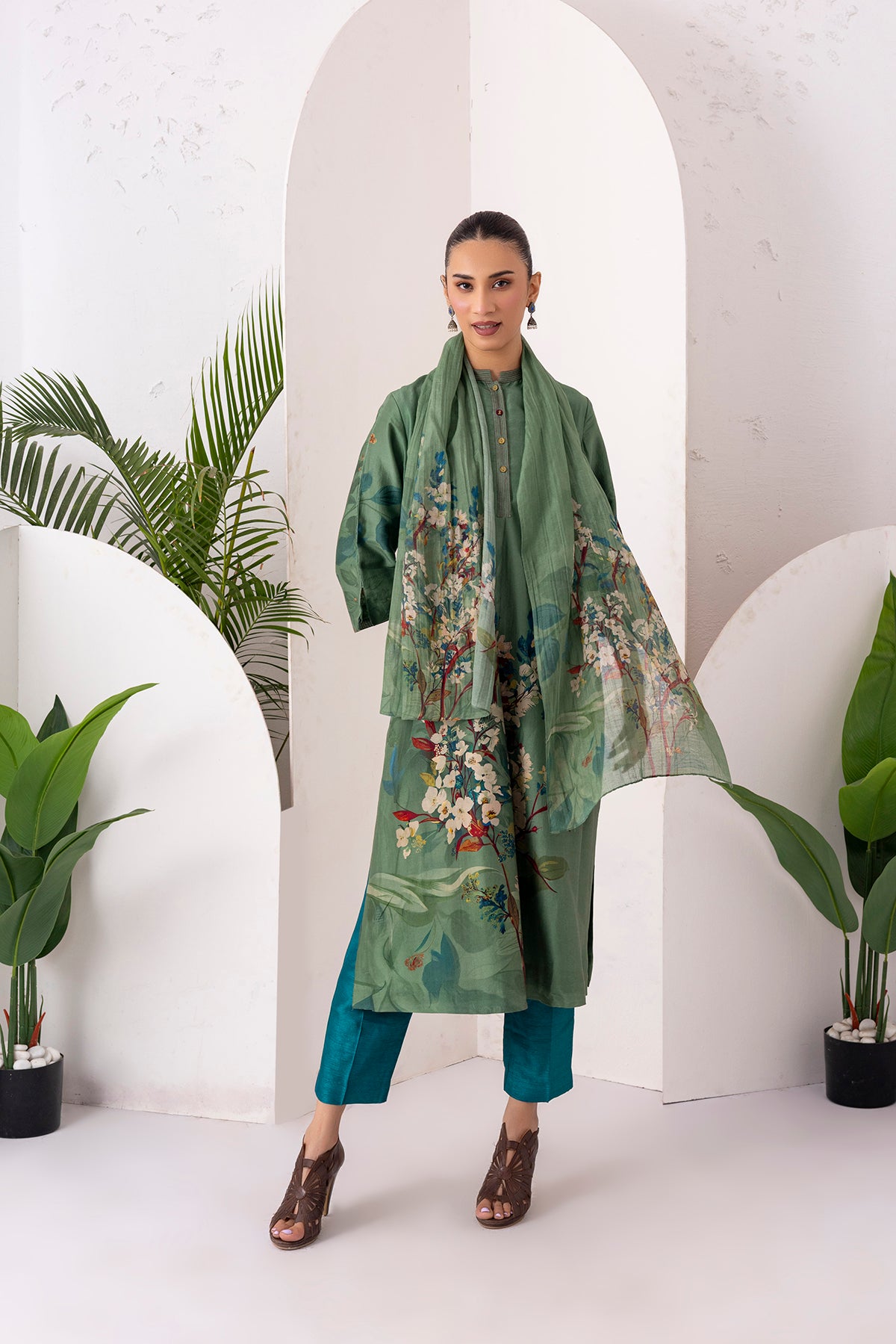 Sage Green Silk Chanderi Printed Stole (1 PC)