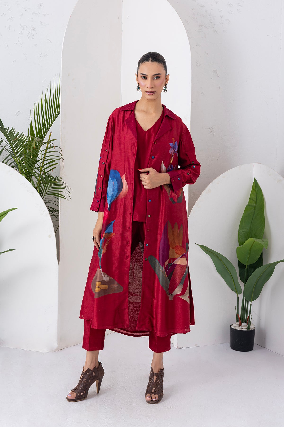 Red Silk Chanderi Printed Front Open Dress (1 PC)