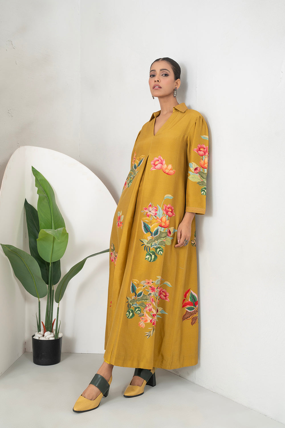 Mustard Silk Chanderi Front Pleat Detailed Colourful Floral Printed Dress (1 PC)