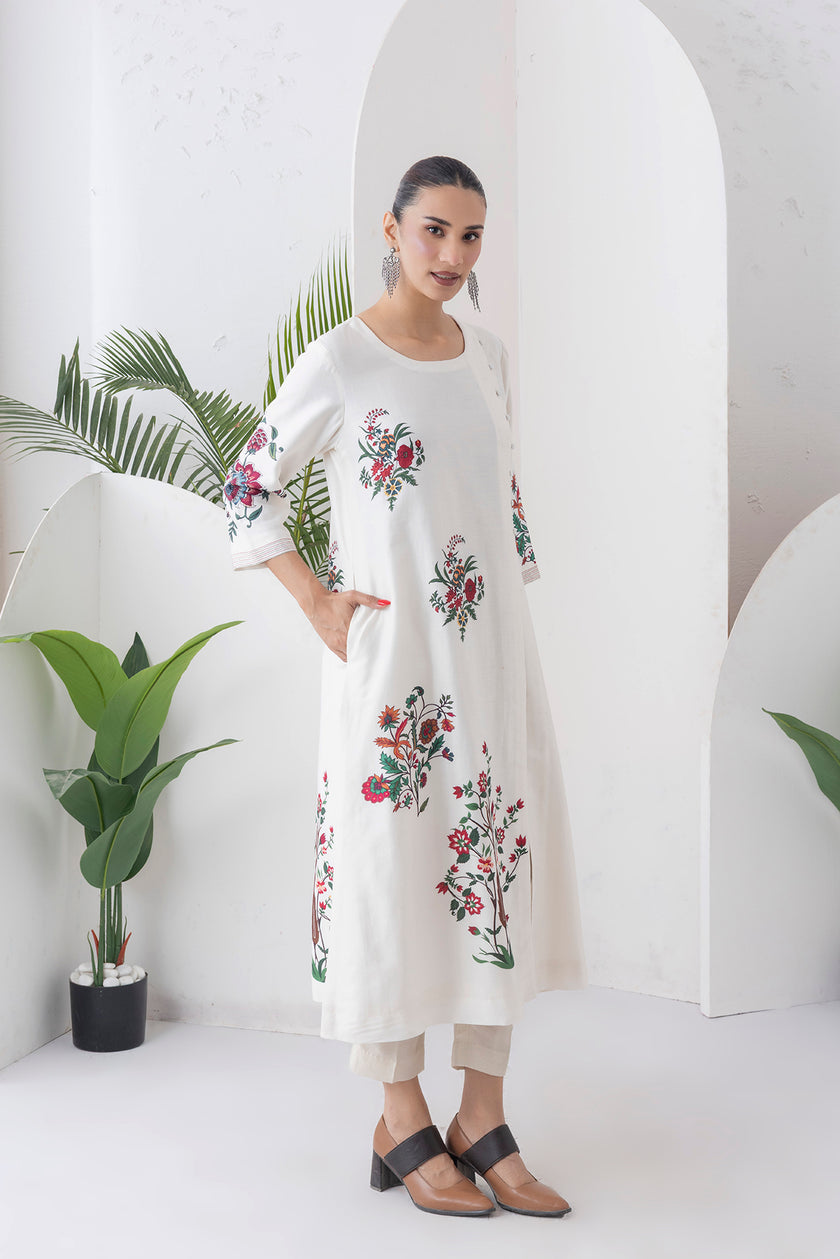 Ivory Silk Chanderi Floral Boota Printed Dress (1 PC)