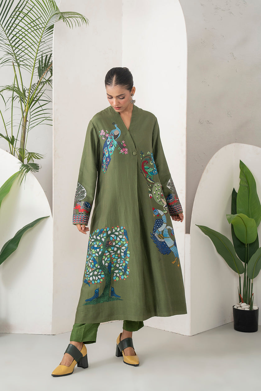 Leaf Green Silk Chanderi Front-Pleated Striking Peacock And Bird Printed Dress (1 PC)