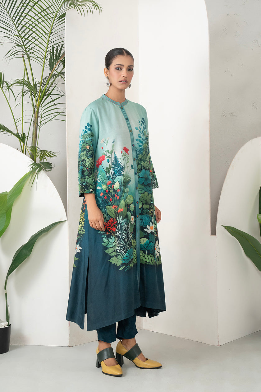 Blue Fades Gently From Mint To Midnight Silk Chanderi Hand-Painted Garden Printed Dress (1 PC)