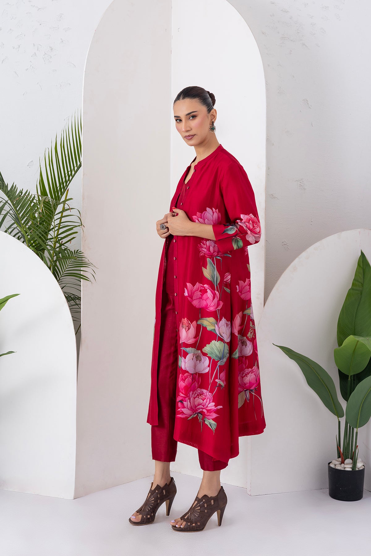 Maroon Silk Chanderi Printed Front Open Dress (1 PC)