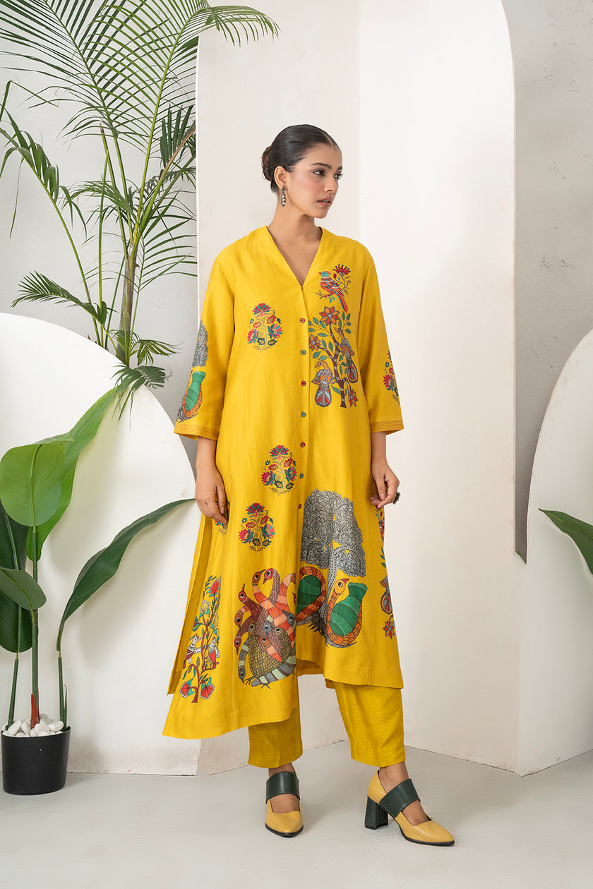 Yellow Silk Chanderi Front Open Striking Bird And Floral Printed Dress (1 PC)