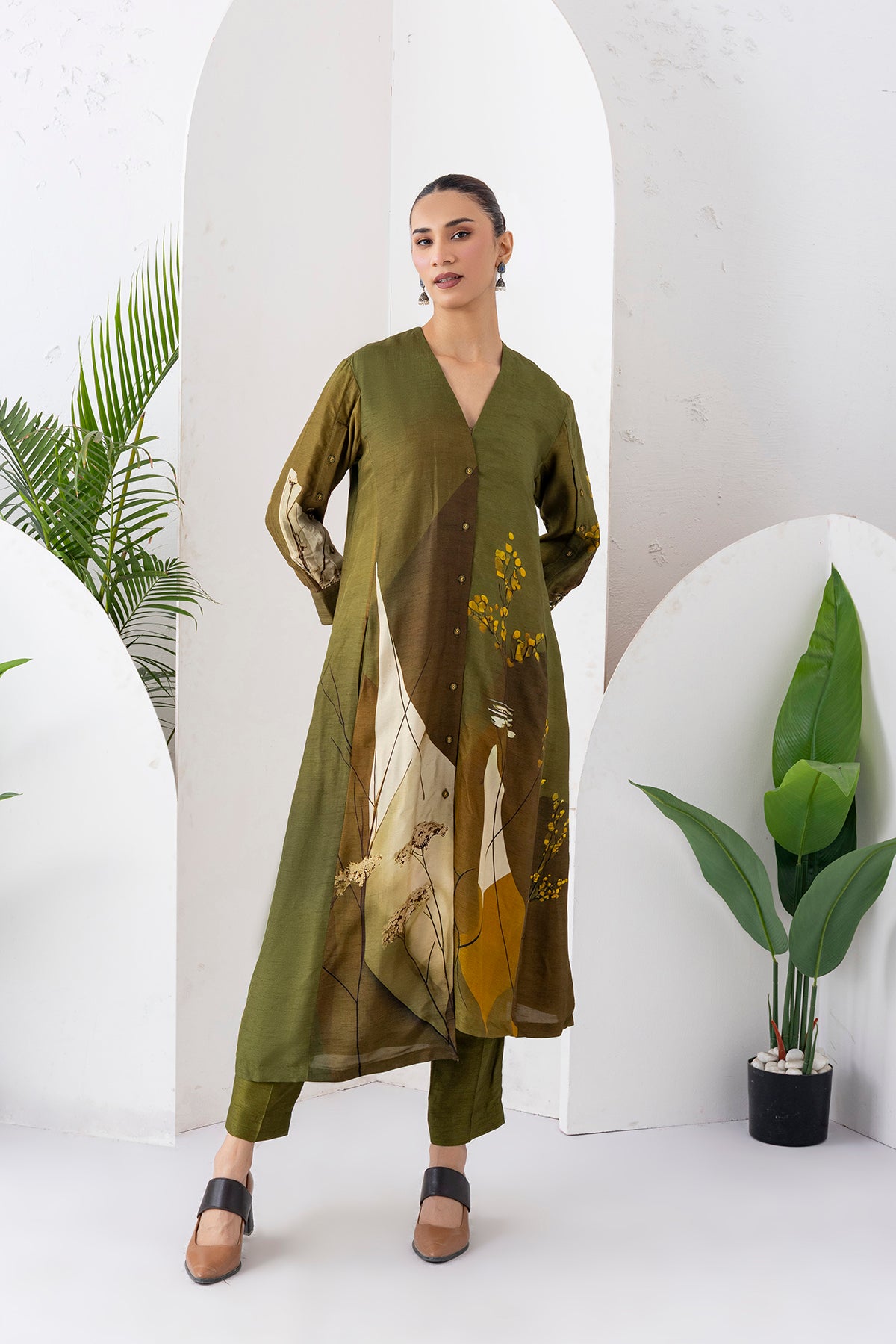 Moss Green Shaded Viscose Dupion Printed High-Low Dress (1 PC)