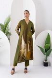 Moss Green Shaded Viscose Dupion Printed High-Low Dress (1 PC)