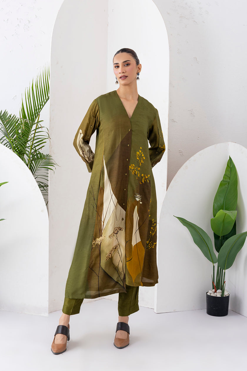 Moss Green Shaded Viscose Dupion Printed High-Low Dress (1 PC)