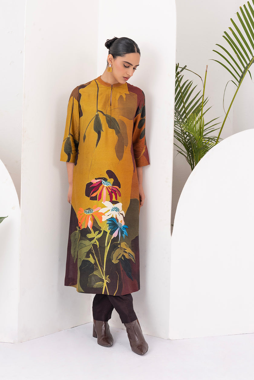 Mustard & Brown Viscose Dupion Printed Tunic (1 PC)