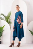 Indigo Silk Chanderi Leaf Printed Dress (1 PC)