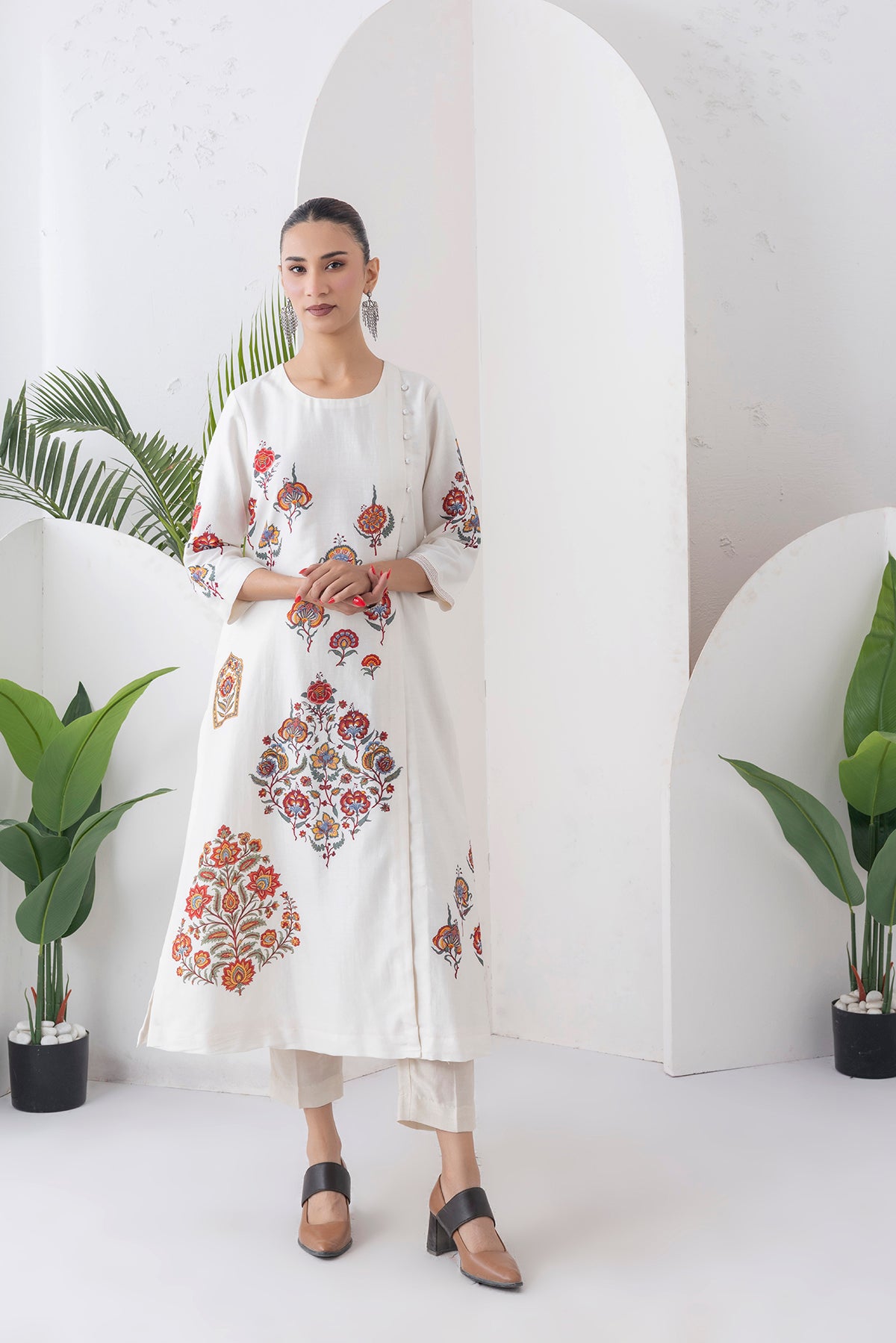Ivory Silk Chanderi Printed Side Panel Dress (1 PC)
