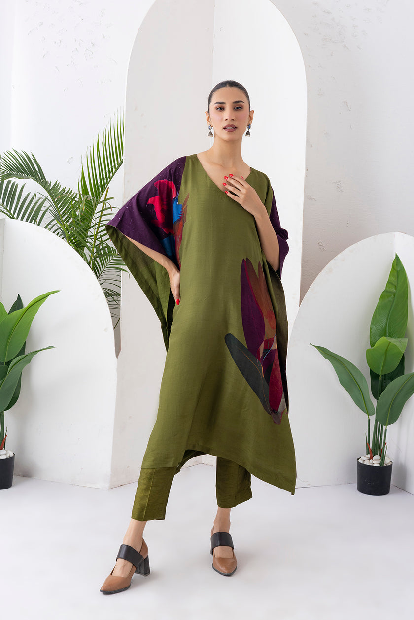 Leaf Green Viscose Dupion Printed Kaftan (1 PC)